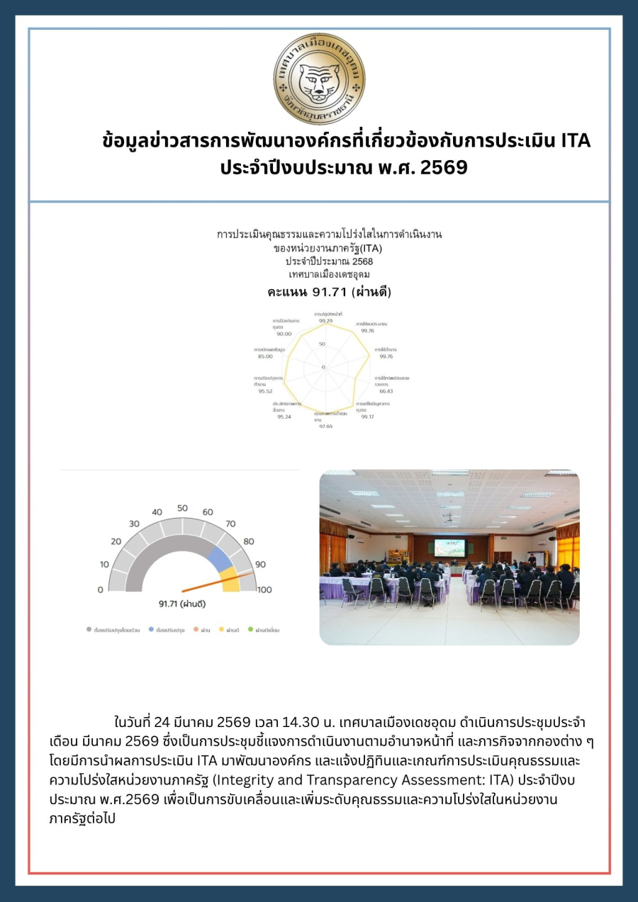 ข้อมูลข่าวสารการพัฒนาองค์กรที่เกี่ยวข้องกับการประเมิน ITA  ประจำปีงบประมาณ พ.ศ. 2569